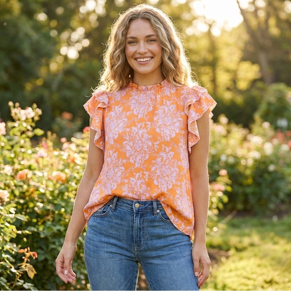 Haptics Tops - NWOT Haptics Flutter Sleeve Floral Blouse in Orange
